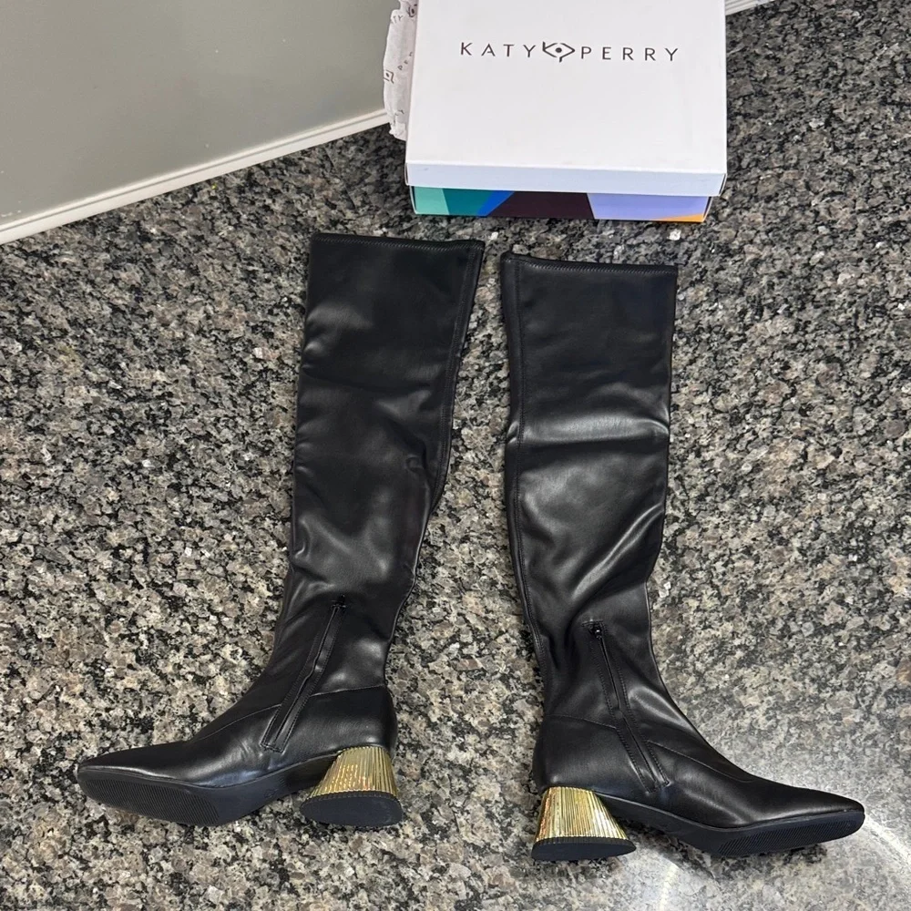 Katy Perry Clara Black square toe Over the Knee Boots with Gold Heel NEW
